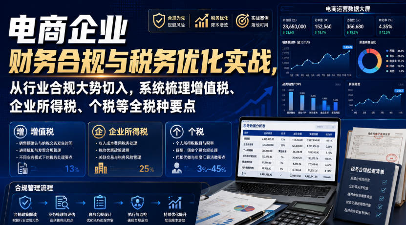 电商企业财务合规与税务优化实战，从行业合规大势切入，系统梳理增值税、企业所得税、个税等全税种要点-开心分享网