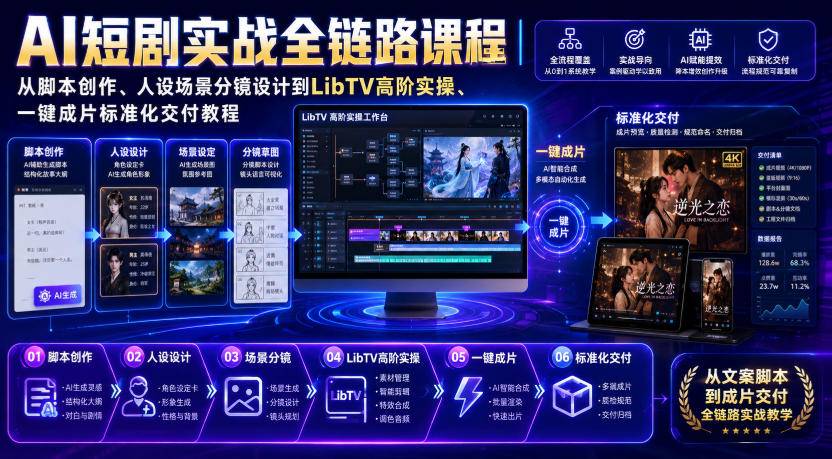 AI短剧实战全链路课程｜从脚本创作、人设场景分镜设计到LibTV高阶实操、一键成片标准化交付教程-开心分享网