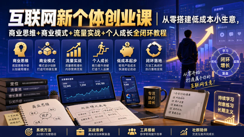 互联网新个体创业课｜从零搭建低成本小生意，商业思维+商业模式+流量实战+个人成长全闭环教程（更新0922）-开心分享网