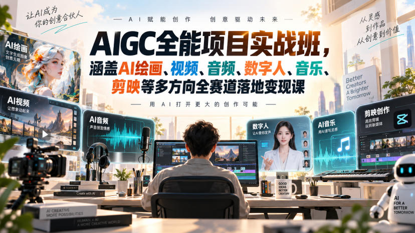 AIGC全能项目实战班-无水印，涵盖AI绘画、视频、音频、数字人、音乐、剪映等多方向全赛道落地变现课（更新）-开心分享网