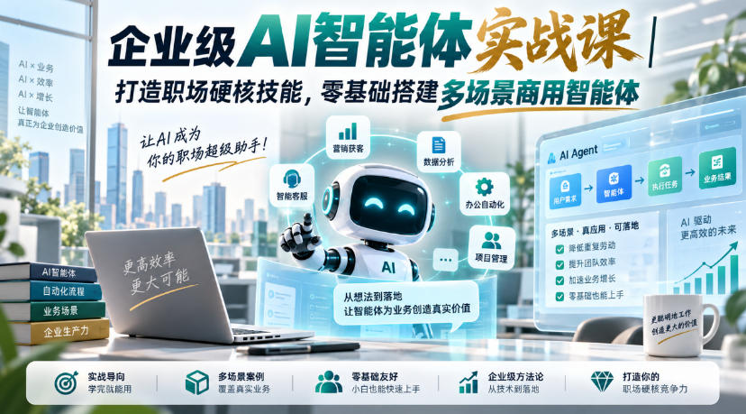 企业级AI智能体实战课｜打造职场硬核技能，零基础搭建多场景商用智能体-开心分享网