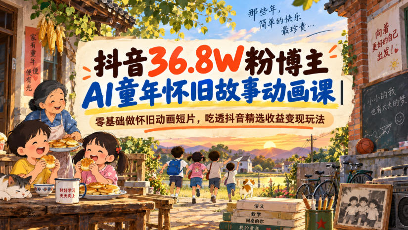 抖音36.8W粉博主AI童年怀旧故事动画课｜零基础做怀旧动画短片，吃透抖音精选收益变现玩法-开心分享网