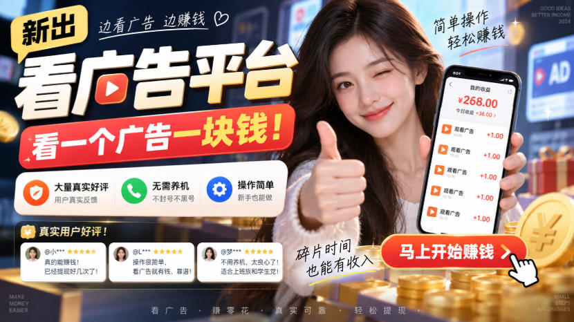 新出看广告平台，看一个广告一块钱，大量真实好评！无需养机、不会黑号，操作简单【揭秘】-开心分享网