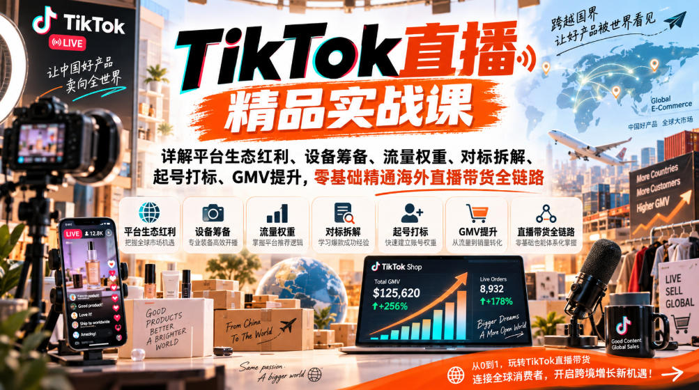 TikTok直播精品实战课，详解平台生态红利、设备筹备、流量权重、对标拆解、起号打标、GMV提升，零基础精通海外直播带货全链路-开心分享网