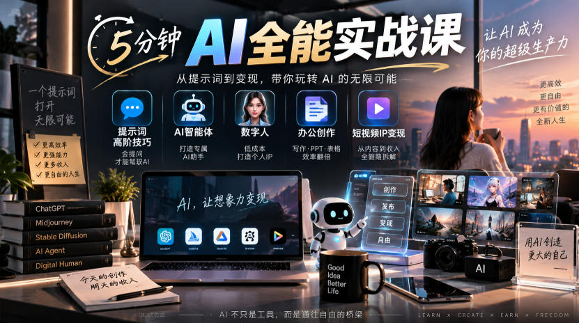 5分钟AI全能实战课｜提示词高阶技巧+AI智能体+数字人+办公创作+短视频IP变现全教程-开心分享网