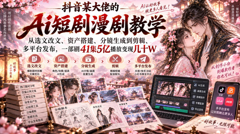 抖音某大佬的Ai短剧漫剧教学，从选文改文、资产搭建、分镜生成到剪辑、多平台发布，一部剧41集5亿播放变现几十W-开心分享网