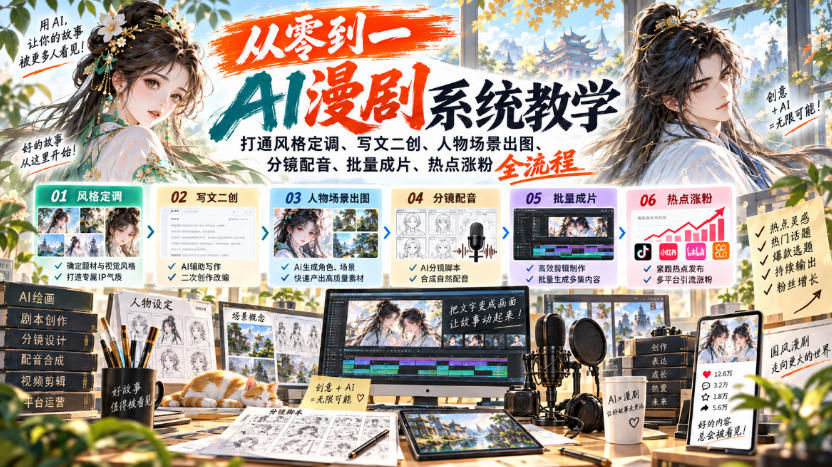 从零到一AI漫剧系统教学，打通风格定调、写文二创、人物场景出图、分镜配音、批量成片、热点涨粉全流程-开心分享网