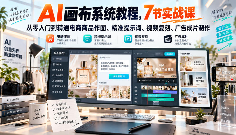 AI画布系统教程，7节实战课从零入门到精通电商商品作图、精准提示词、视频复刻、广告成片制作-开心分享网