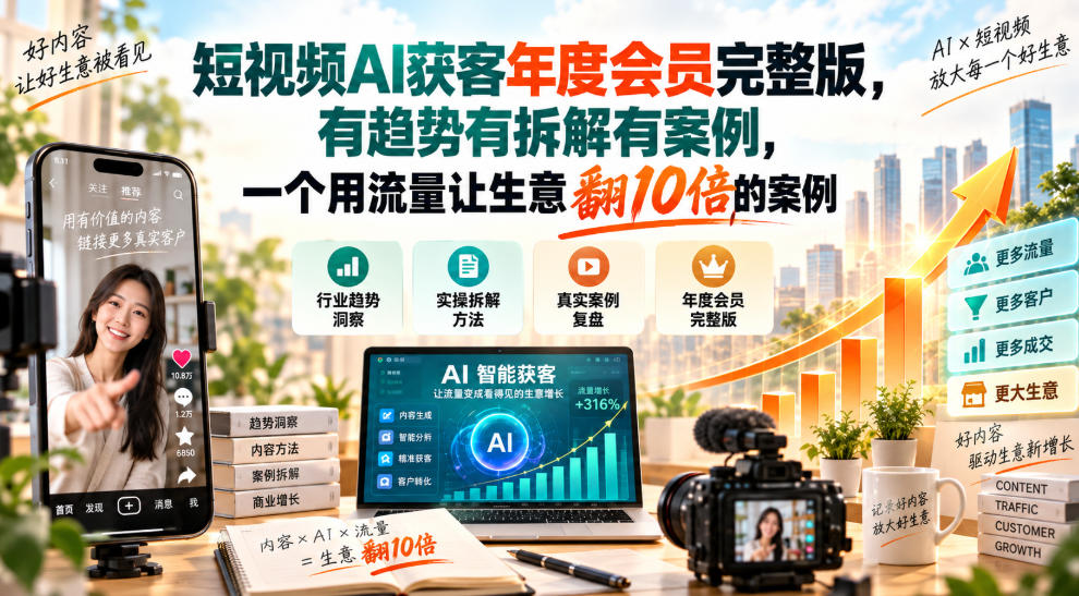 短视频AI获客年度会员完整版，有趋势有拆解有案例，一个用流量让生意翻10倍的案例-开心分享网