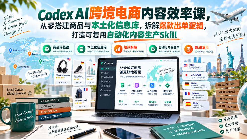 Codex AI跨境电商内容效率课，从零搭建商品与本土化信息库，拆解爆款出单逻辑，打造可复用自动化内容生产Skill-开心分享网