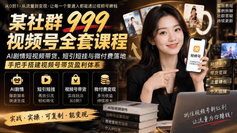 某社群999视频号全套课程，AI剧情短视频带货、短引短挂与微付费落地，手把手搭建视频号带货盈利体系-开心分享网