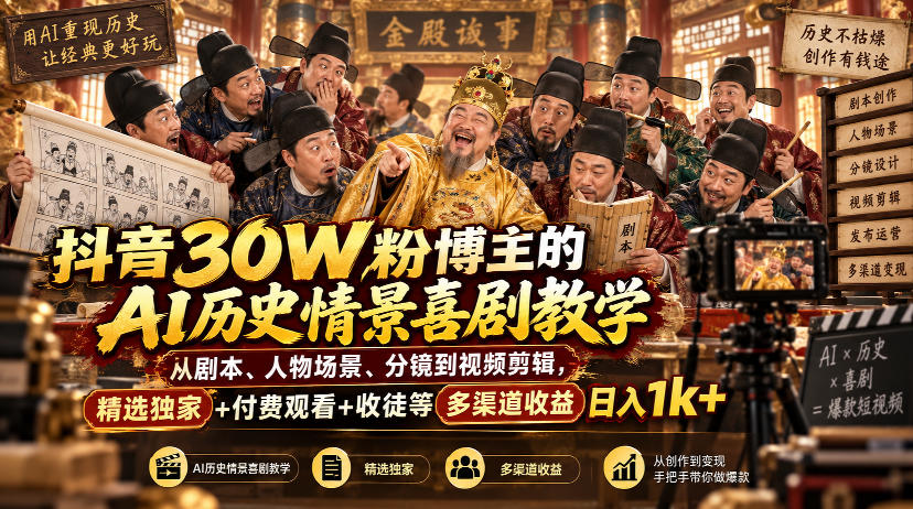 抖音30W粉博主的AI历史情景喜剧教学，从剧本、人物场景、分镜到视频剪辑，精选独家+付费观看+收徒等多渠道收益日入1k+-开心分享网