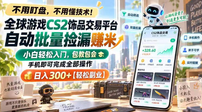 全球游戏CS2饰品交易平台自动批量捡漏賺米，小白轻松入门，包教包会，手机即可完成全部操作，日入300+【揭秘】-开心分享网
