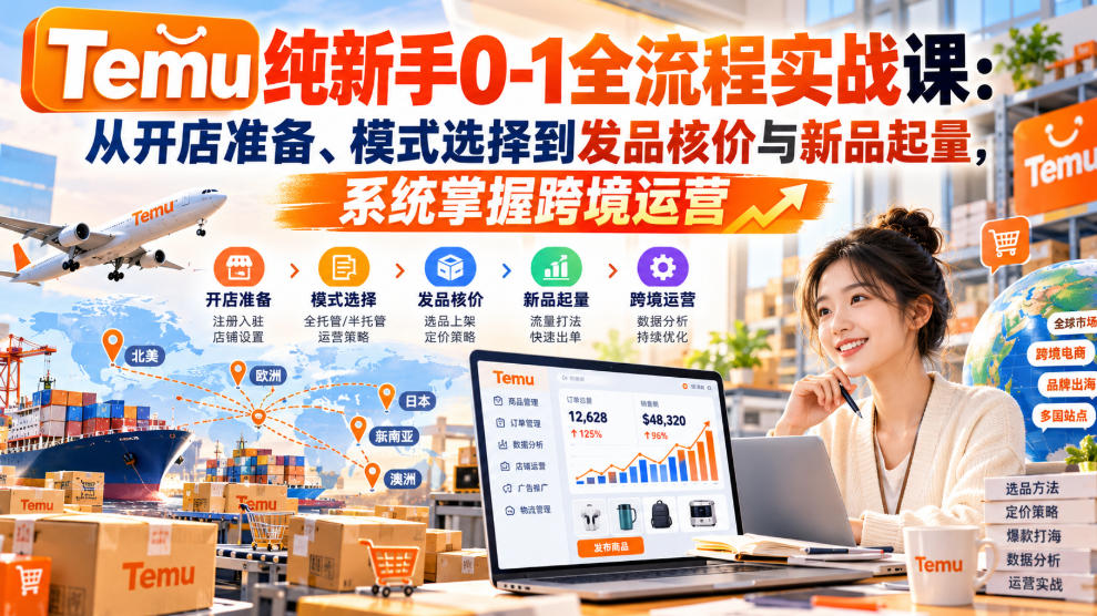 【无水印】Temu纯新手0-1全流程实战课：从开店准备、模式选择到发品核价与新品起量，系统掌握跨境运营-开心分享网