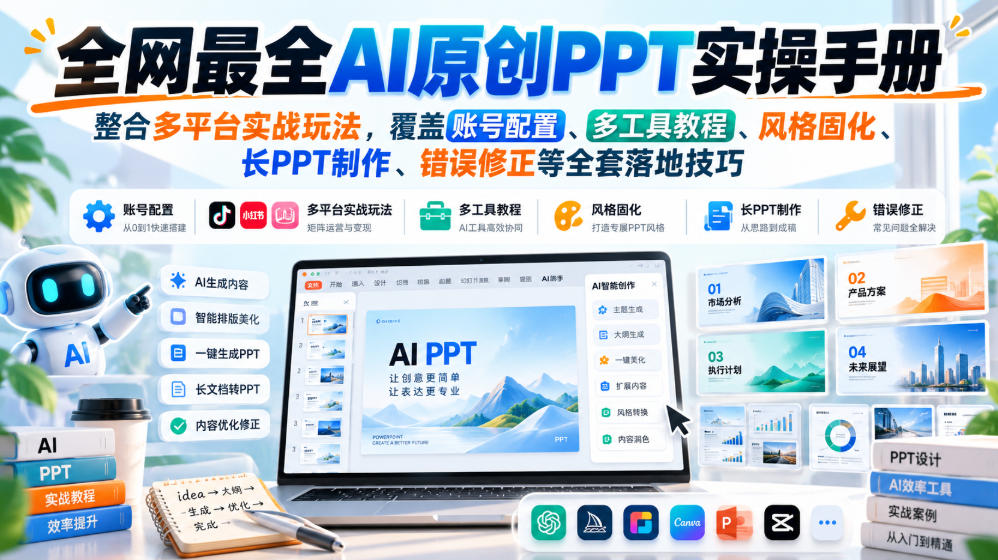 全网最全AI原创PPT实操手册，整合多平台实战玩法，覆盖账号配置、多工具教程、风格固化、长PPT制作、错误修正等全套落地技巧-开心分享网