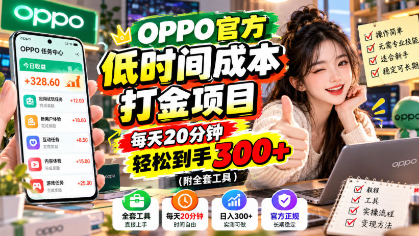 OPPO官方低时间成本打金项目，每天20分钟，轻松到手300+（附全套工具）【揭秘】-开心分享网
