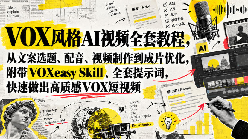 VOX风格AI视频全套教程，从文案选题、配音、视频制作到成片优化，附带VOXeasy Skill、全套提示词，快速做出高质感VOX短视频-开心分享网