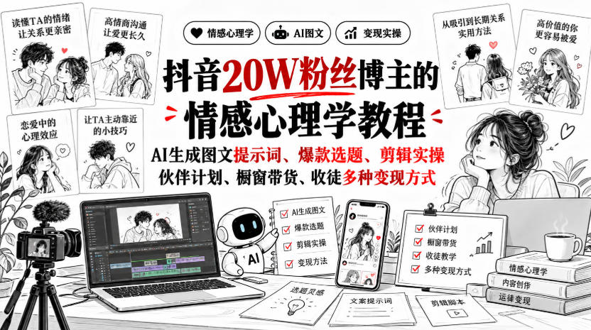 抖音20W粉丝博主静候心声的情感心理学教程，AI生成图文提示词、爆款选题、剪辑实操，伙伴计划、橱窗带货、收徒多种变现方式-开心分享网