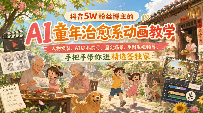 抖音5W粉丝博主的AI童年治愈系动画教学，人物换装、AI脚本撰写、固定场景、生图生视频等，手把手带你进精选签独家-开心分享网