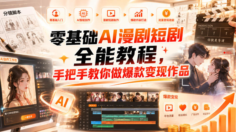 零基础AI漫剧短剧全能教程，从AI智能体搭建、文案脚本分镜、多平台AI生视频、剪映精修，覆盖全题材创作，手把手教你做爆款变现作品-开心分享网