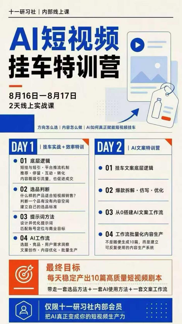 某社群8月16-17号线上课，AI短视频挂车特训营+AI文案特训，把AI真正变成你的短视频生产力-开心分享网