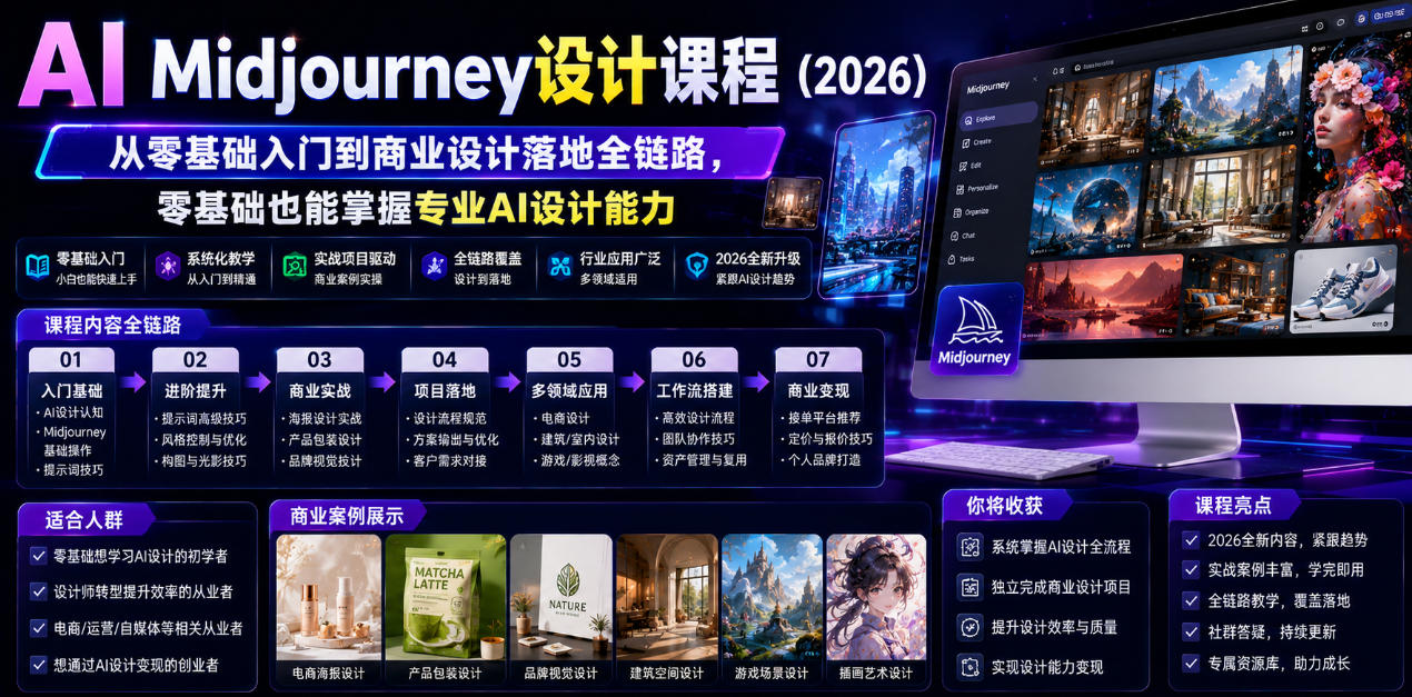 AI Midjourney设计课程（2026），从零基础入门到商业设计落地全链路，零基础也能掌握专业AI设计能力（更新1007）-开心分享网