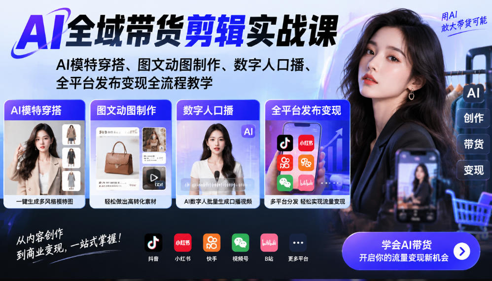 AI全域带货剪辑实战课｜AI模特穿搭、图文动图制作、数字人口播、全平台发布变现全流程教学-开心分享网