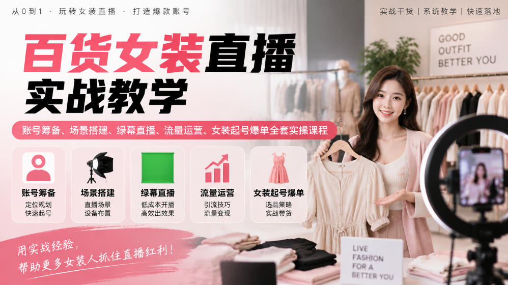 百货女装直播实战教学｜账号筹备、场景搭建、绿幕直播、流量运营、女装起号爆单全套实操课程-开心分享网