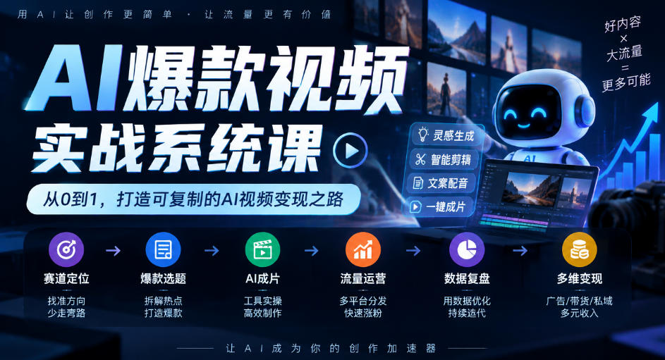 AI爆款视频实战系统课｜赛道定位、爆款选题、AI成片、流量运营、数据复盘、多维变现全链路教学-开心分享网