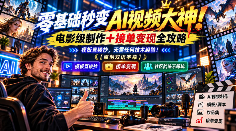 零基础秒变AI视频大神！电影级制作+接单变现全攻略，模板直接抄，无需任何技术经验！【原创双语字幕】-开心分享网
