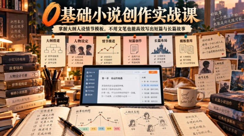 0基础小说创作实战课｜掌握大纲人设情节模板，不用文笔也能高效写出短篇与长篇故事-开心分享网