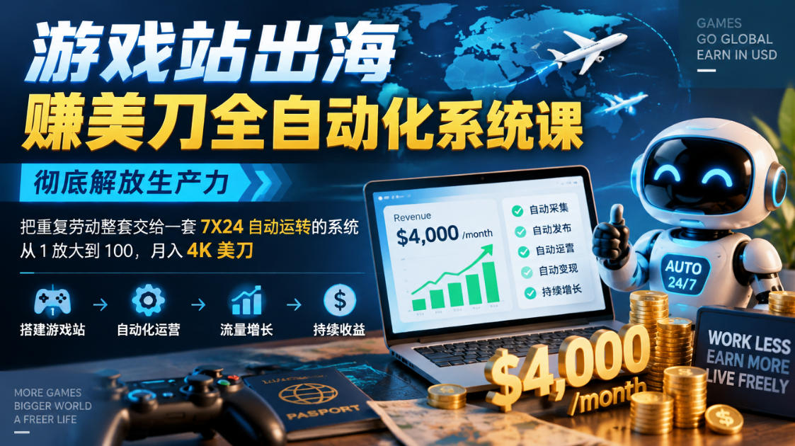 游戏站出海賺美刀全自动化系统课，彻底解放生产力–把重复劳动整套交给一套7X24自动运转的系统，从1放大到100，月入4K美刀-开心分享网