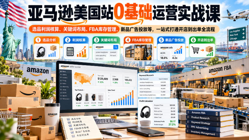 亚马逊美国站0基础运营实战课｜选品利润核算、关键词布局、FBA库存管理、新品广告投放等，一站式打通开店到出单全流程-开心分享网