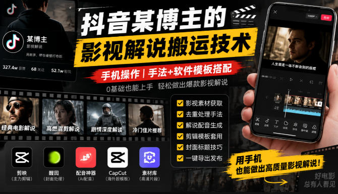 抖音某博主的影视解说搬运技术，手机操作，手法+软件模板搭配-开心分享网