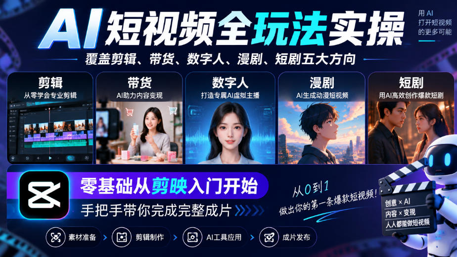 AI短视频全玩法实操，覆盖剪辑、带货、数字人、漫剧、短剧五大方向，零基础从剪映入门开始，手把手带你完成完整成片-开心分享网