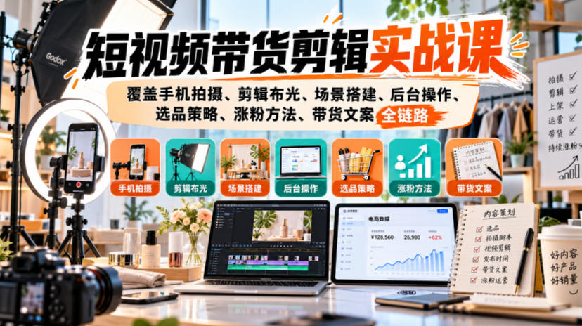 短视频带货剪辑实战课，覆盖手机拍摄、剪辑布光、场景搭建、后台操作、选品策略、涨粉方法、带货文案全链路-开心分享网