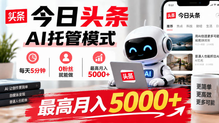 今日头条AI托管模式，每天5分钟，0粉丝就能做，最高月入5000+【揭秘】-开心分享网