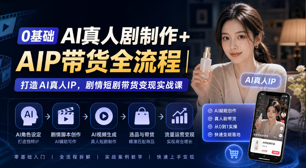 0基础AI真人剧制作+AIP带货全流程｜打造AI真人IP，剧情短剧带货变现实战课-开心分享网