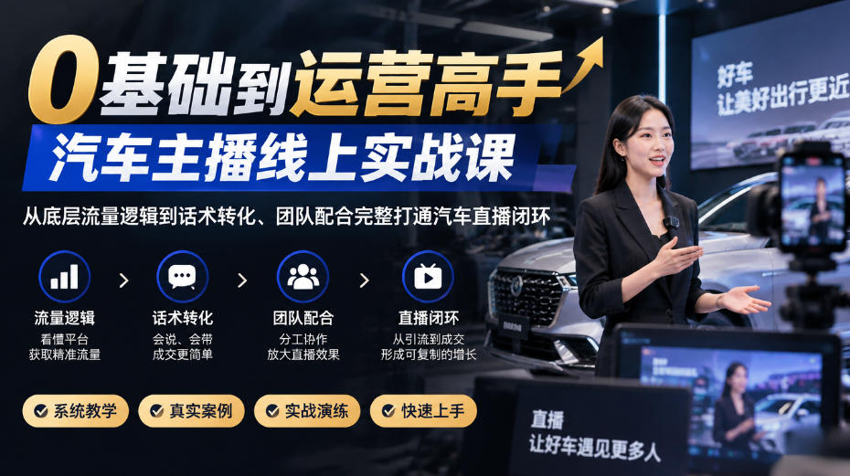 0基础到运营高手,汽车主播线上实战课,从底层流量逻辑到话术转化、团队配合完整打通汽车直播闭环