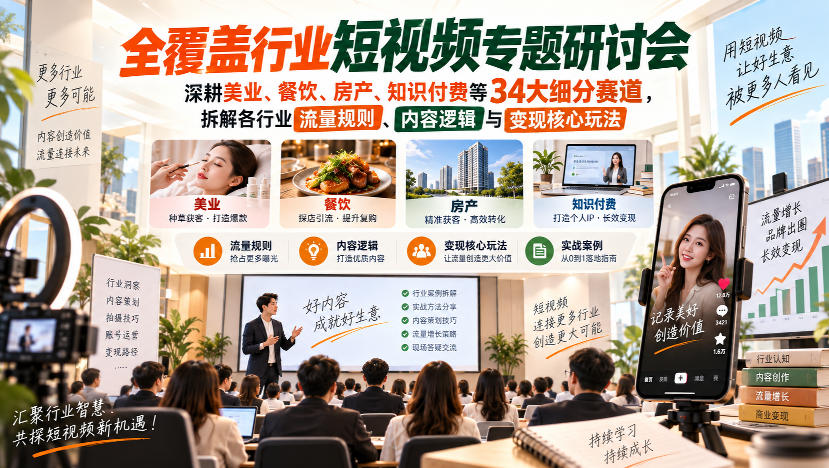短视频专题研讨会，深耕美业、餐饮、房产、知识付费等34大细分赛道，拆解各行业流量规则、内容逻辑与变现核心玩法（更新1011）-开心分享网