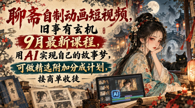 聊斋自制动画短视频，旧事有玄机9月最新课程，用AI实现自己的故事梦，可做精选附加分成计划，接商单收徒-开心分享网