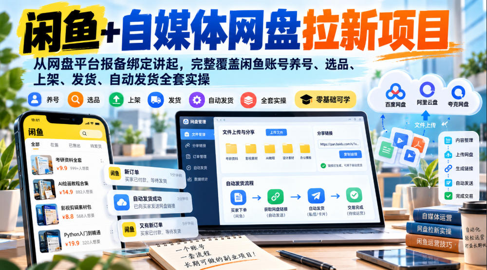 闲鱼+自媒体网盘拉新项目，从网盘平台报备绑定讲起，完整覆盖闲鱼账号养号、选品、上架、发货、自动发货全套实操-开心分享网