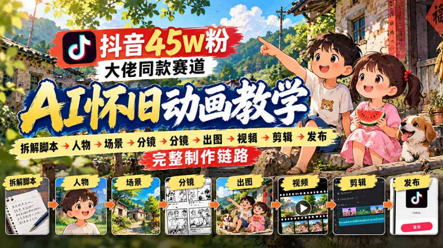 抖音45W粉大佬同款赛道AI怀旧动画实战课：拆解脚本→人物→场景→分镜→出图→视频→剪辑→发布完整制作链路-开心分享网