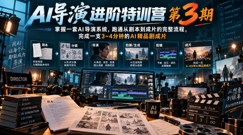 AI导演进阶特训营第3期，掌握一套AI导演系统，跑通从剧本到成片的完整流程，完成一支3~4分钟的AI精品剧成片（附1、2期）-开心分享网