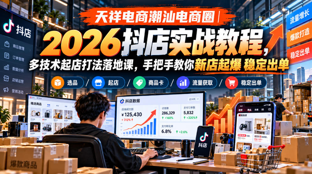 天祥电商潮汕电商圈｜2026抖店实战教程，多技术起店打法落地课，手把手教你新店起爆稳定出单-开心分享网