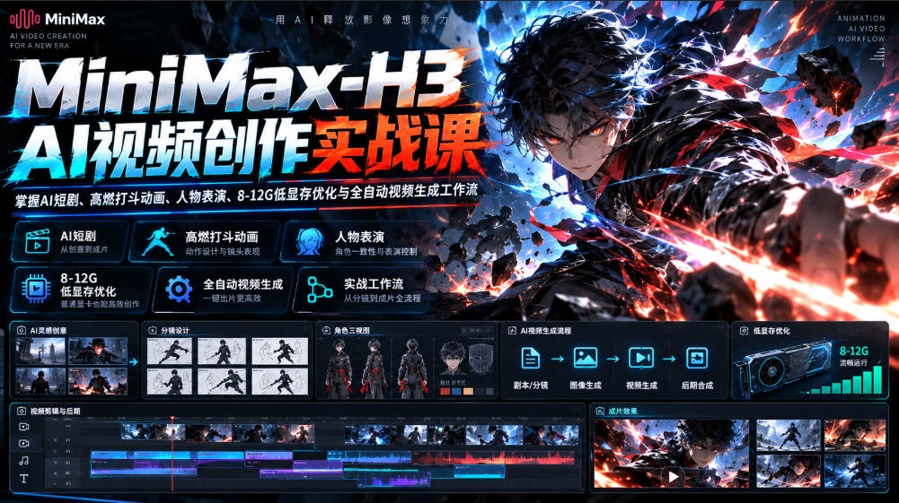 MiniMax-H3 AI视频创作实战课，掌握AI短剧、高燃打斗动画、人物表演、8-12G低显存优化与全自动视频生成工作流-开心分享网