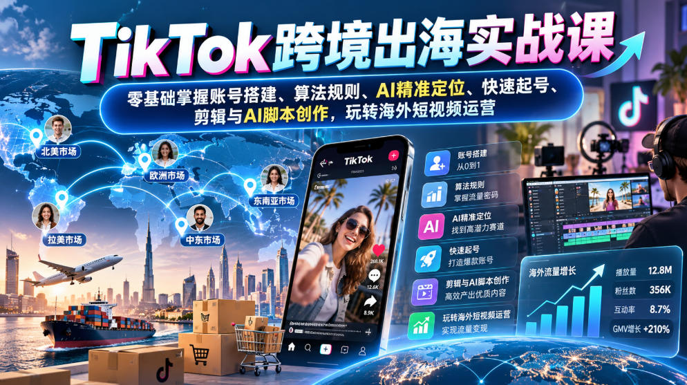 TikTok跨境出海实战课：零基础掌握账号搭建、算法规则、AI精准定位、快速起号、剪辑与AI脚本创作，玩转海外短视频运营-开心分享网