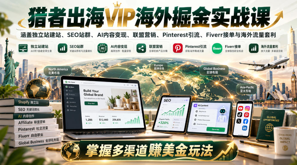 猎者出海VIP海外掘金实战课：涵盖独立站、SEO站群、AI变现、联盟营销、Pinterest引流、Fiverr接单与海外流量套利，掌握多渠道賺美金玩法-开心分享网