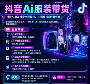 抖音AI服装带货全套教程，不靠真人出镜，利用AI批量制作服装带货短视频，打通选品、AI提示词调教、起号涨粉全流程-开心分享网