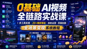 0基础AI视频全链路实战课|多工具实操・20+爆款模板・涨粉运营・剪辑拍摄・全场景变现系统教程-开心分享网